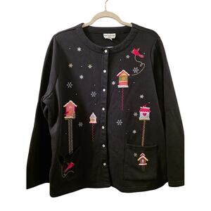 Vtg Winter Cardinal Embroidered Cardigan Sweater Holiday 2X Bird Black Red
